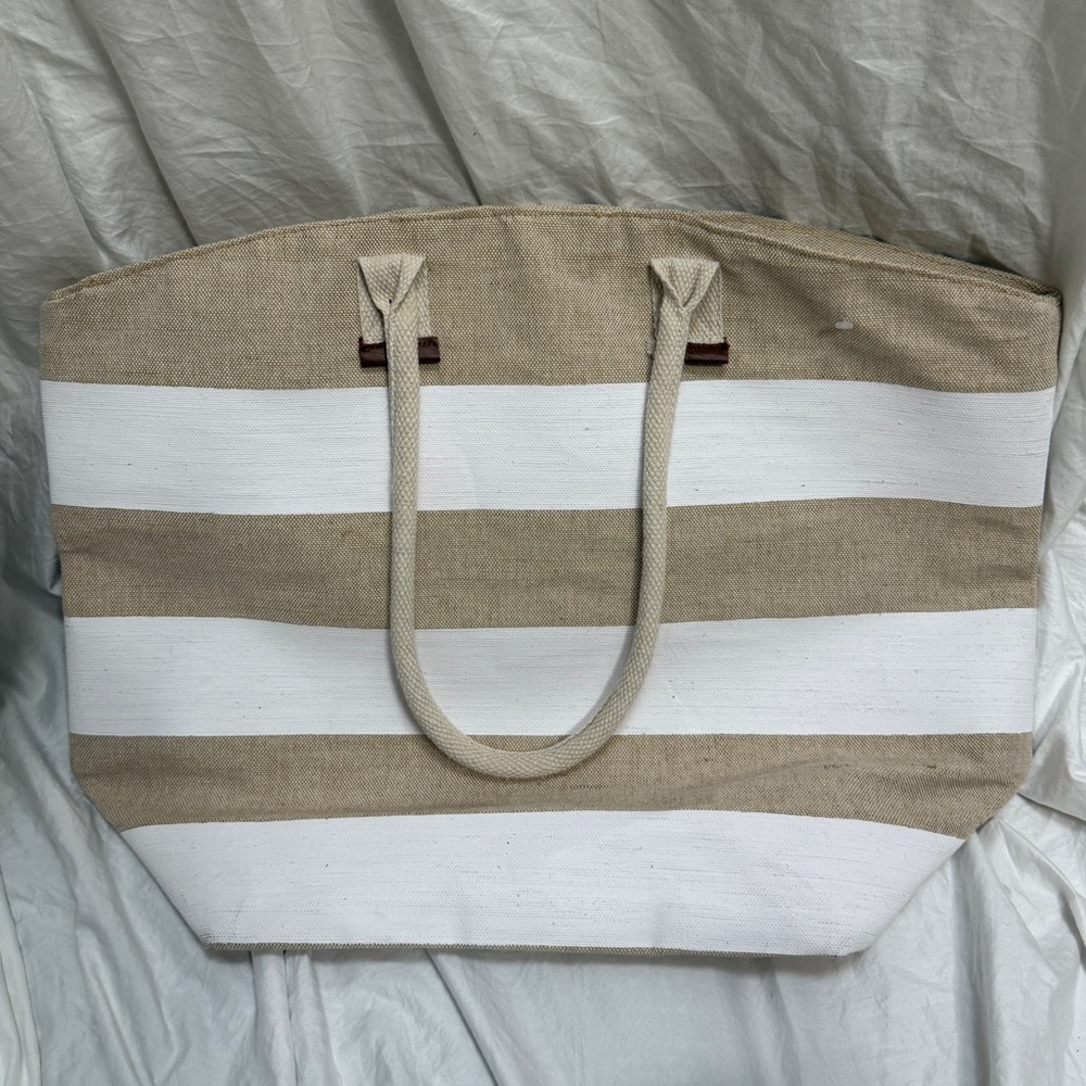 Women’s Large Tan and White Striped Reusable Tote Bag. - Picture 4 of 16
